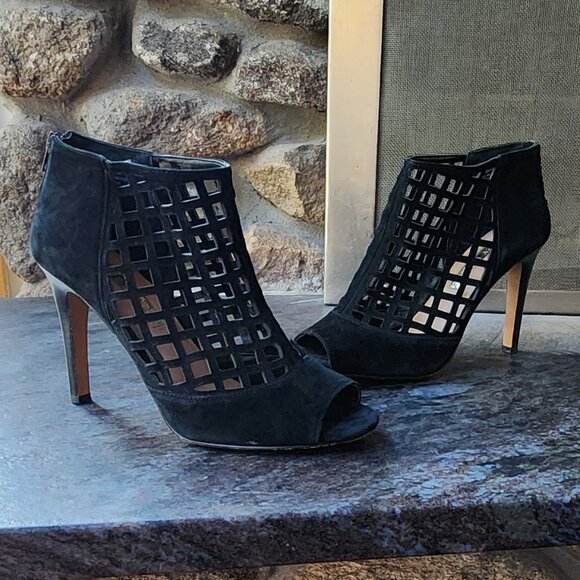 Audrey Brooke “Marseille” Black Suede Open Toe Gladiator Heels Bootie Size 8.5M - Picture 6 of 16